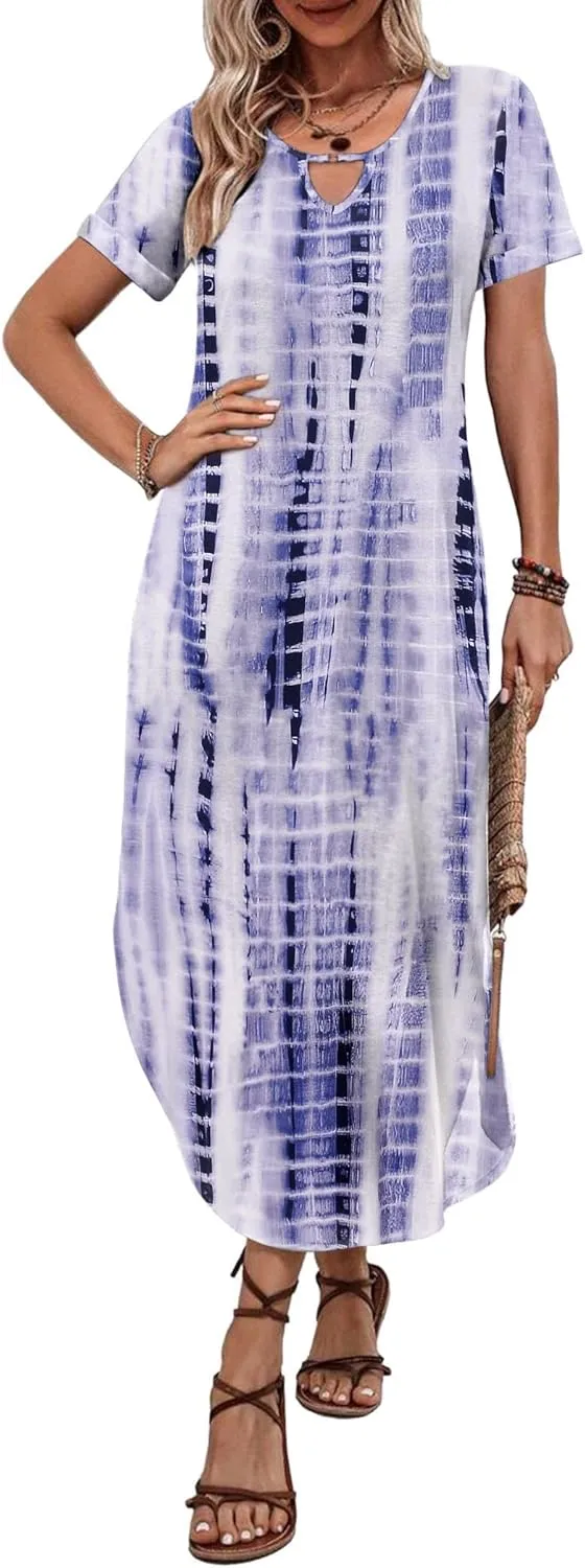 Zeagoo Womens Maxi Summer Dress with Pockets Casual Short Sleeve Sundress Trendy 2025 Curve Hem Long Dresss