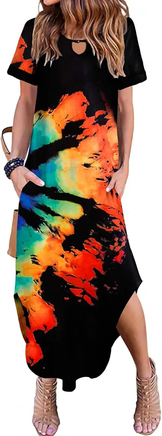 Zeagoo Womens Maxi Summer Dress with Pockets Casual Short Sleeve Sundress Trendy 2025 Curve Hem Long Dresss