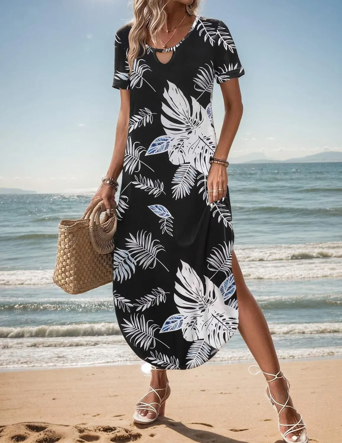 Zeagoo Womens Maxi Summer Dress with Pockets Casual Short Sleeve Sundress Trendy 2025 Curve Hem Long Dresss