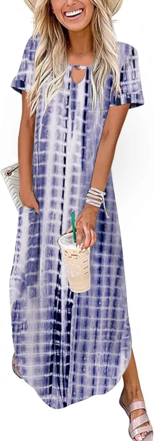 Zeagoo Womens Maxi Summer Dress with Pockets Casual Short Sleeve Sundress Trendy 2025 Curve Hem Long Dresss